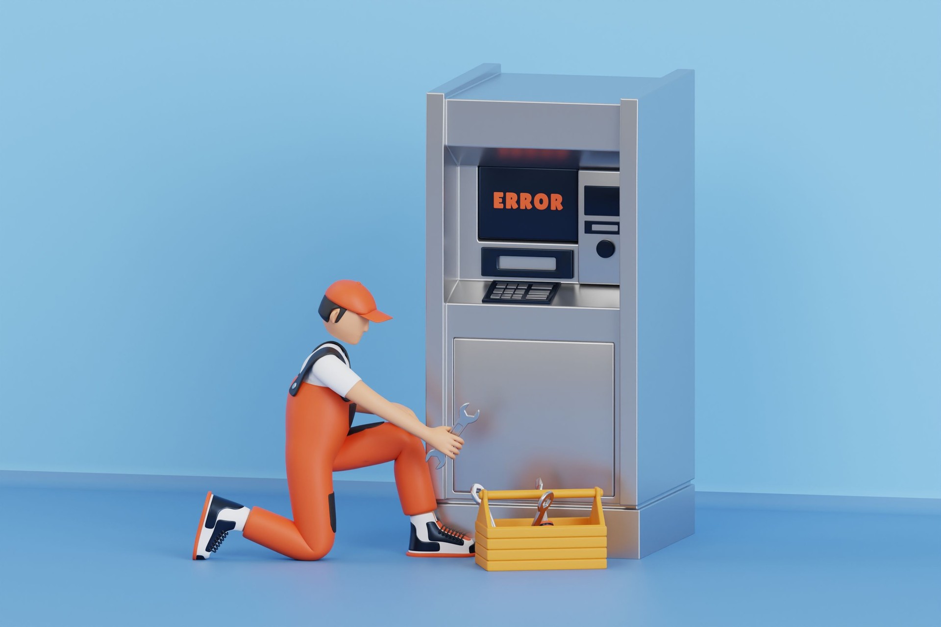 Bank ATM Repair Service 3D Illustration. technician repairing ATM machine